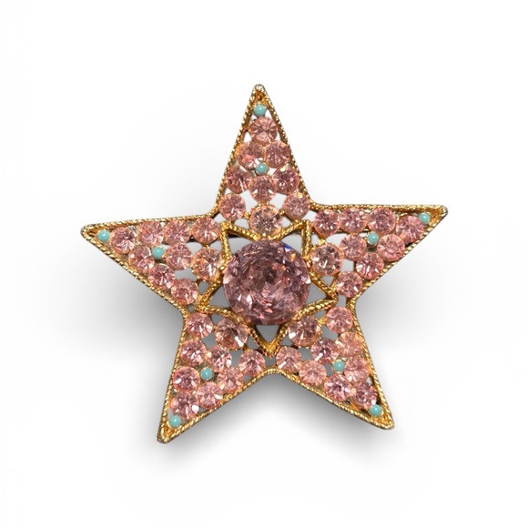 BSK Jewelry - Vintage BSK Pink Rhinestone Star Brooch Gold Tone Starburst Pin